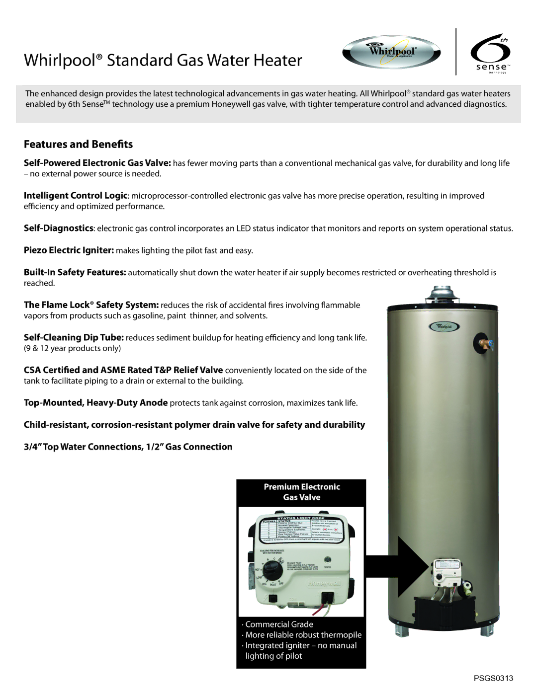 Whirlpool PSGS0313 manual Whirlpool Standard Gas Water Heater, Features and Benefits, Premium Electronic Gas Valve 