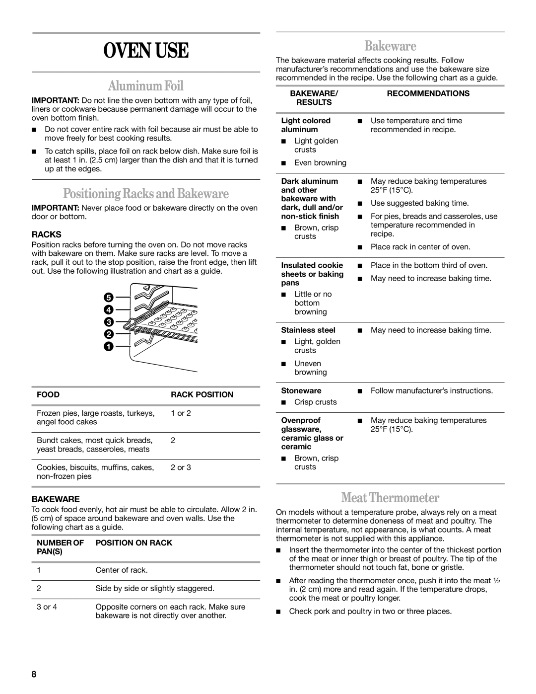 Whirlpool R4BS245 manual Oven USE, Aluminum Foil, Positioning Racks and Bakeware, Meat Thermometer 