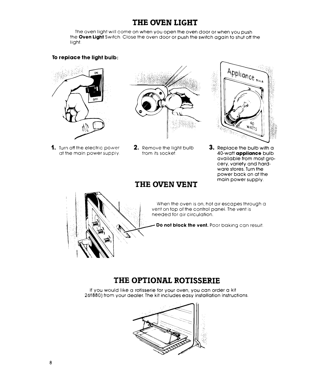 Whirlpool R82200XK, RB220PXK warranty Oven Light, Oven Vent, Optional Rotisserie, To replace the light bulb 