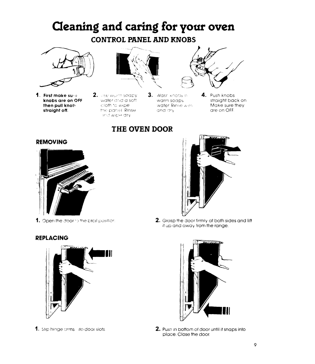 Whirlpool R8700PXS warranty Cleating and caring for your oven, Control Panel and Knobs, Oven Door, Removing, Replacing 