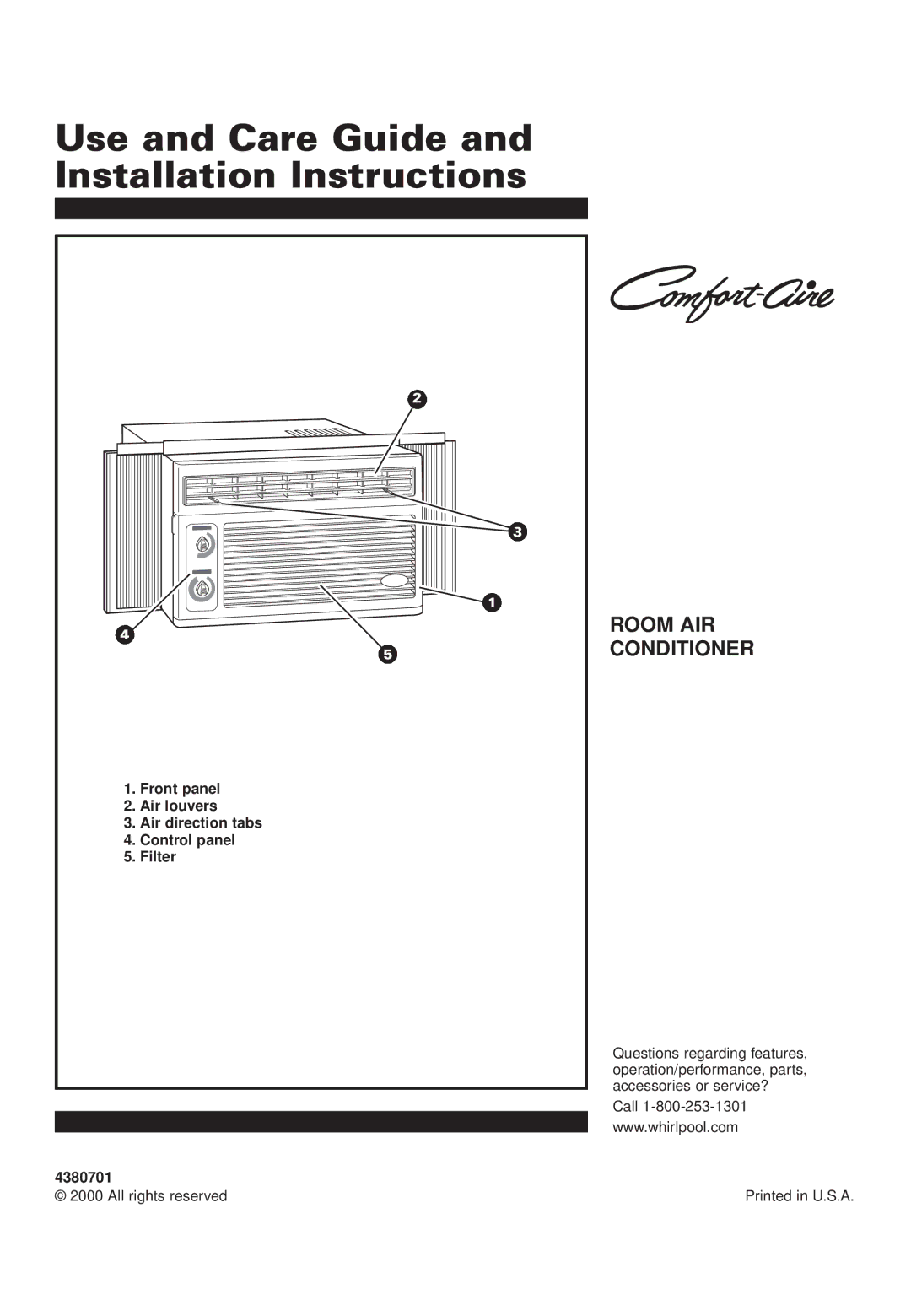 Whirlpool 4380701, RA51K0 installation instructions Front panel, Air louvers, Air direction tabs, Control panel, Filter 