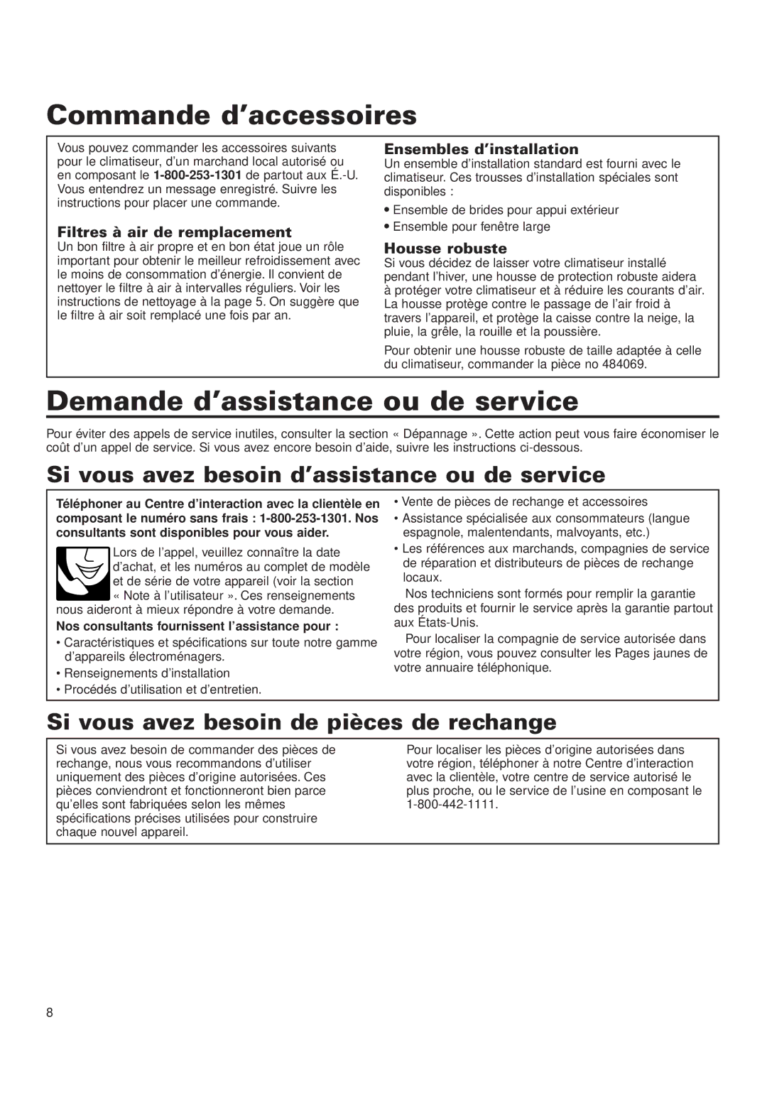 Whirlpool RA51K0 Commande d’accessoires, Demande d’assistance ou de service, Si vous avez besoin de pièces de rechange 