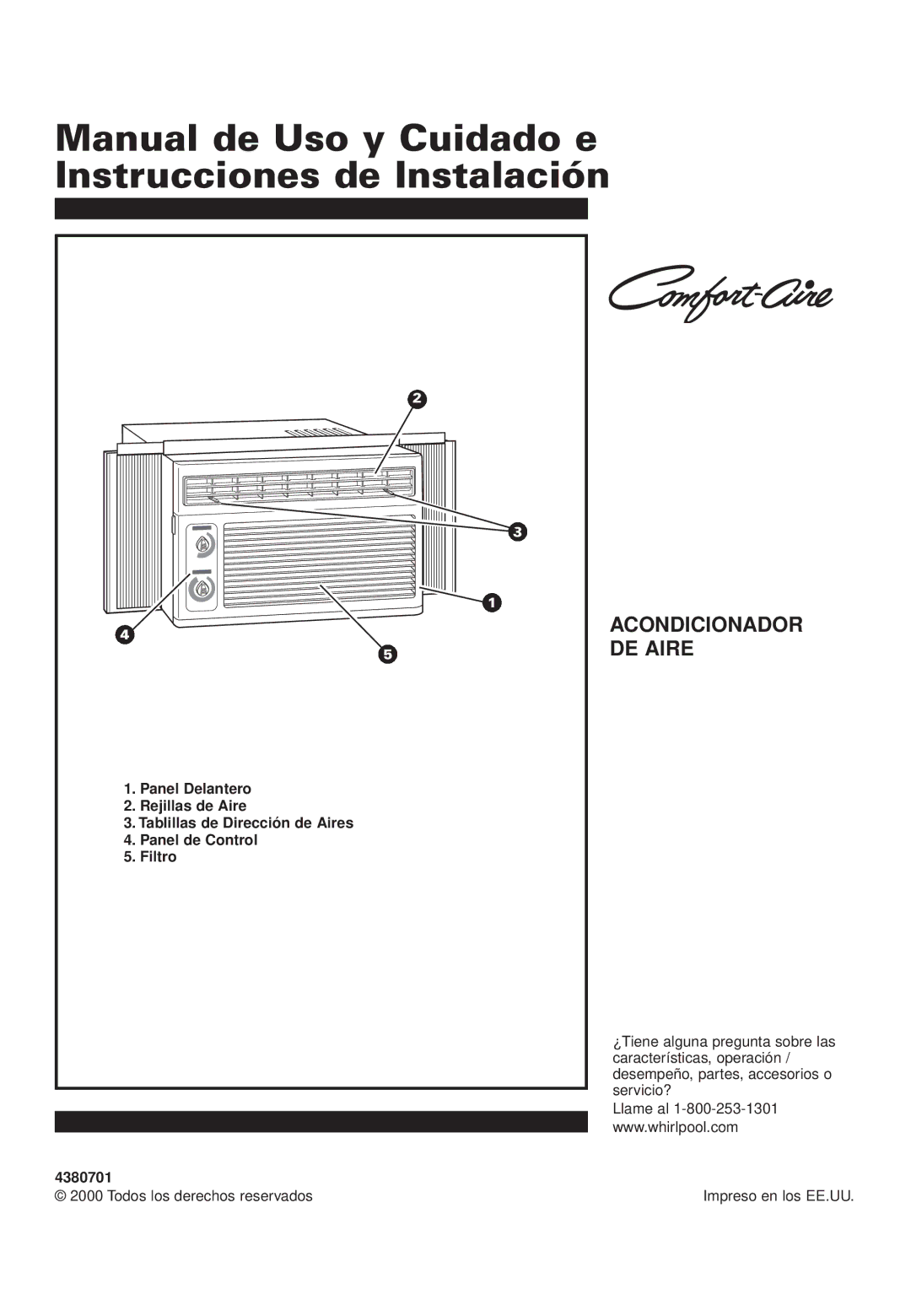 Whirlpool 4380701, RA51K0 Panel Delantero, Rejillas de Aire, Tablillas de Dirección de Aires, Panel de Control, Filtro 