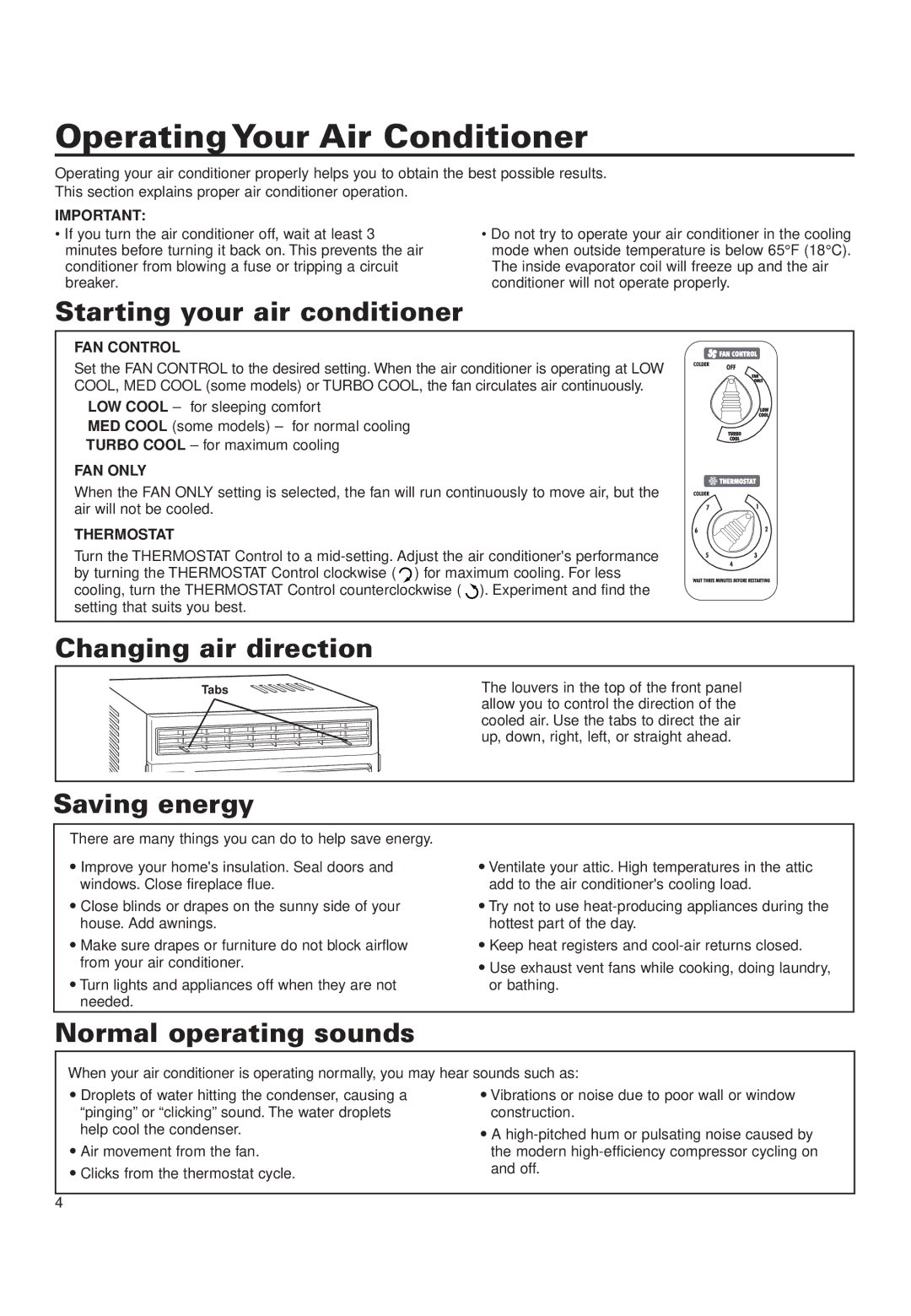 Whirlpool RA51K0 Operating Your Air Conditioner, Starting your air conditioner, Changing air direction, Saving energy 