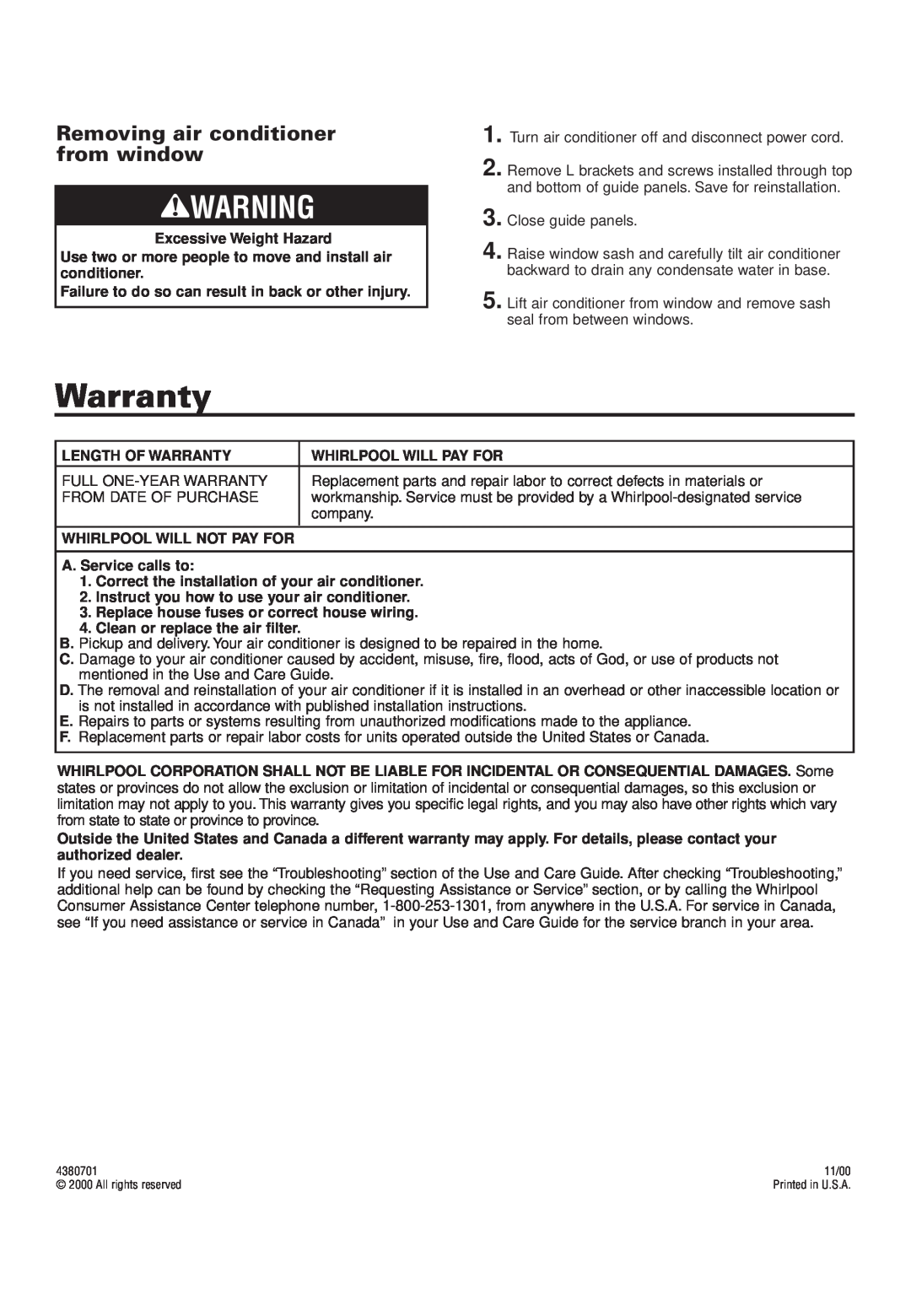 Whirlpool RA51K0, 4380701 installation instructions Warranty, Removing air conditioner from window 