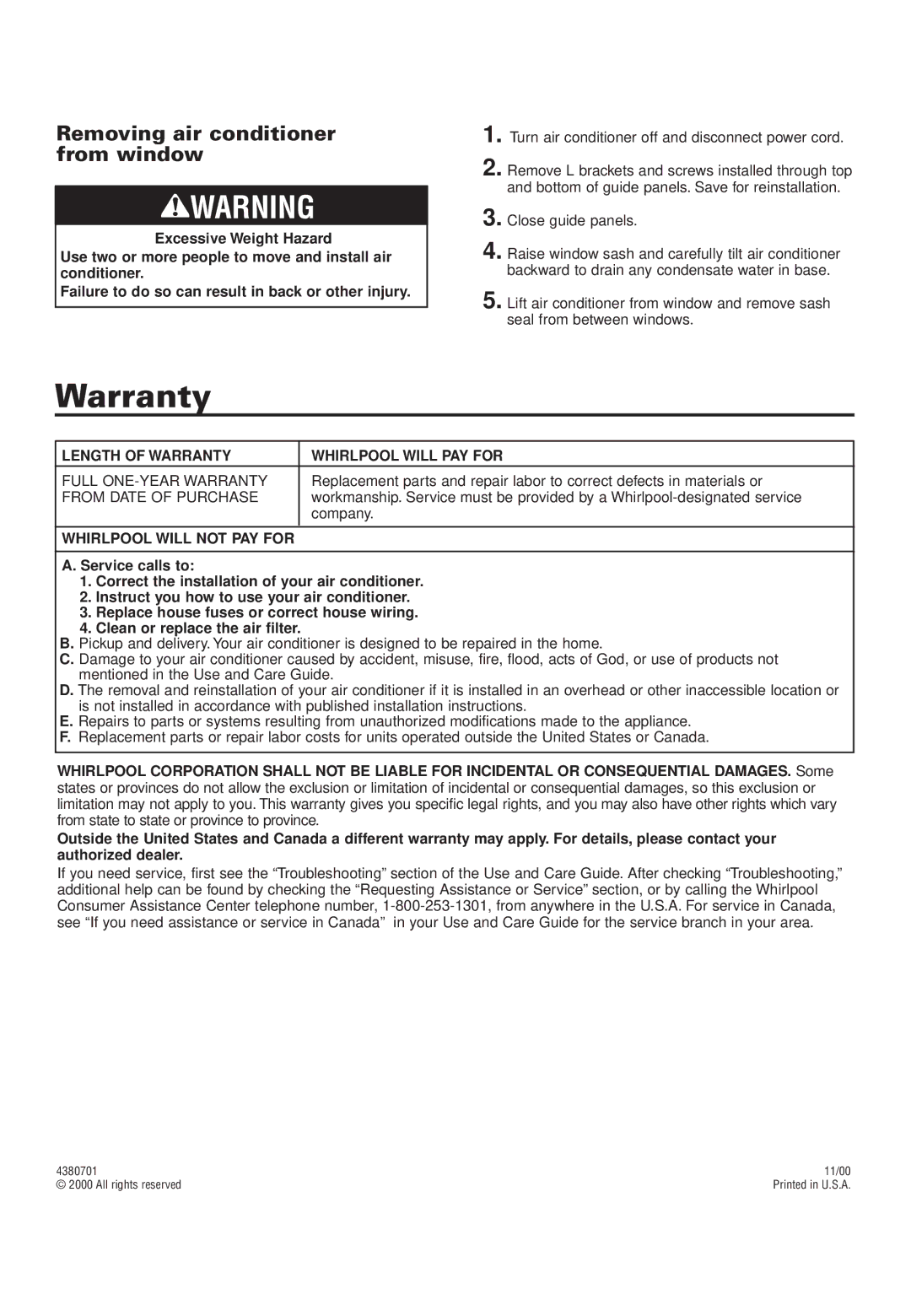 Whirlpool RA51K0 installation instructions Length of Warranty Whirlpool will PAY for, Whirlpool will not PAY for 