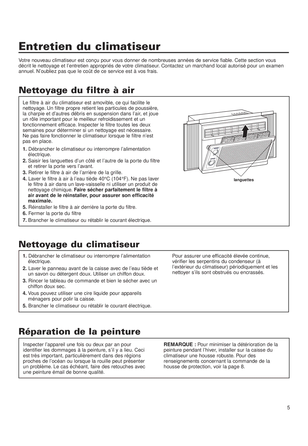 Whirlpool RA51K0 Entretien du climatiseur, Nettoyage du filtre à air, Nettoyage du climatiseur, Réparation de la peinture 