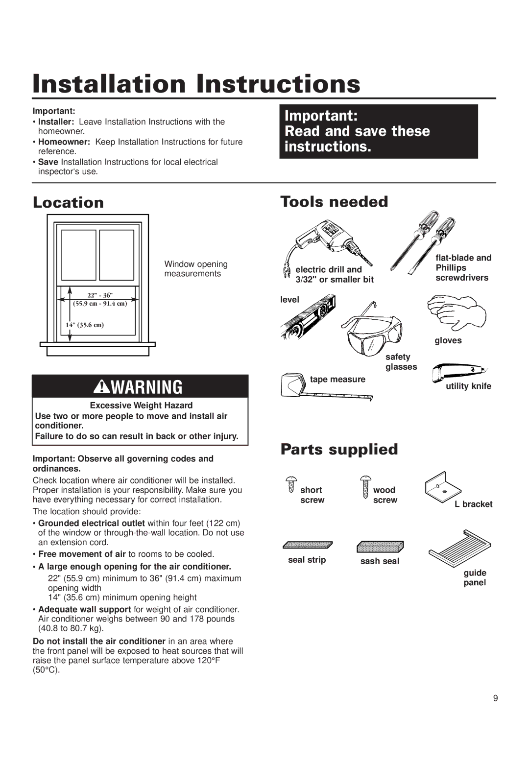 Whirlpool RA51K0 installation instructions Location, Tools needed, Parts supplied 