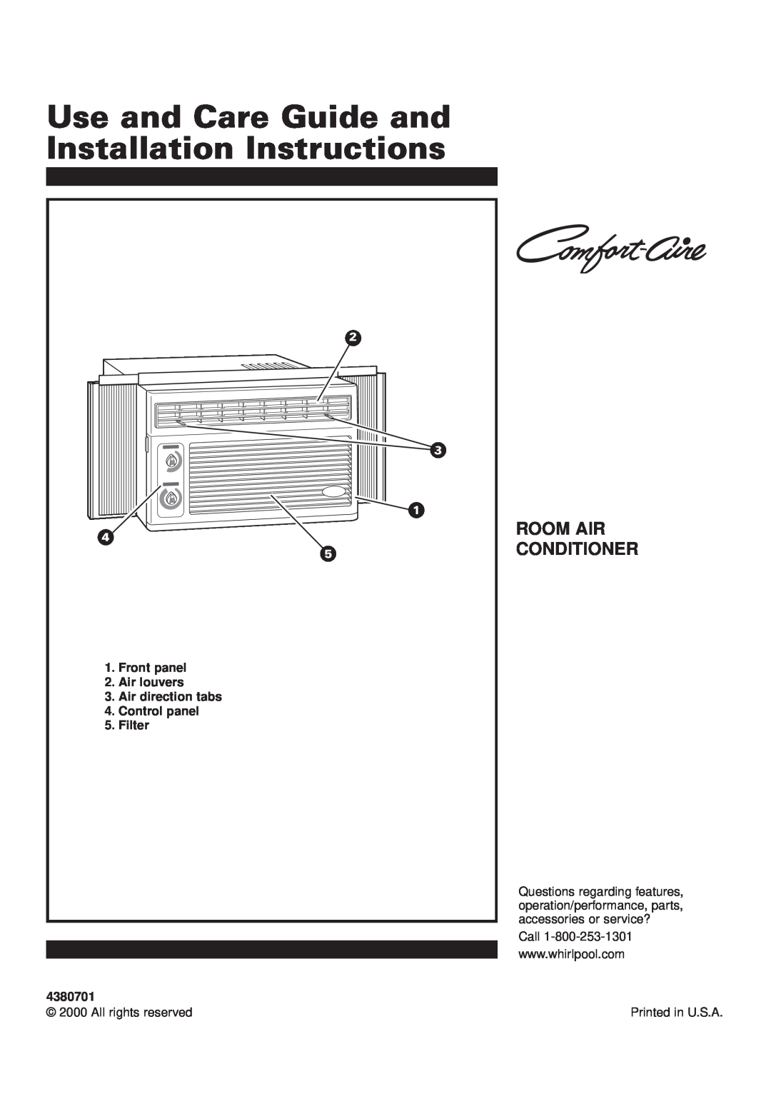 Whirlpool 4380701, RA51K0 installation instructions Use and Care Guide and Installation Instructions, Room Air Conditioner 
