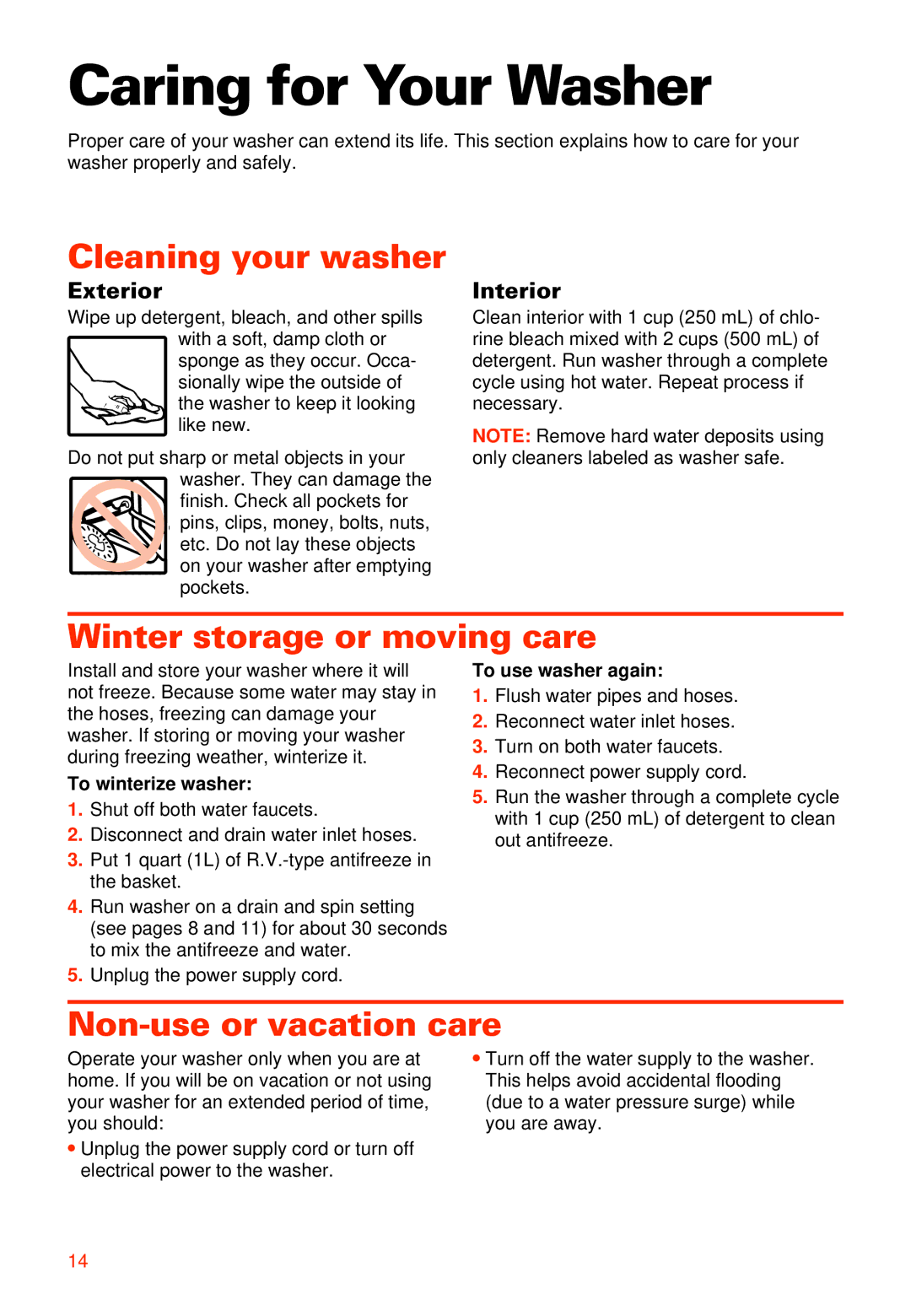 Whirlpool RAB3121EW0 Caring for Your Washer, Cleaning your washer, Winter storage or moving care, Non-use or vacation care 