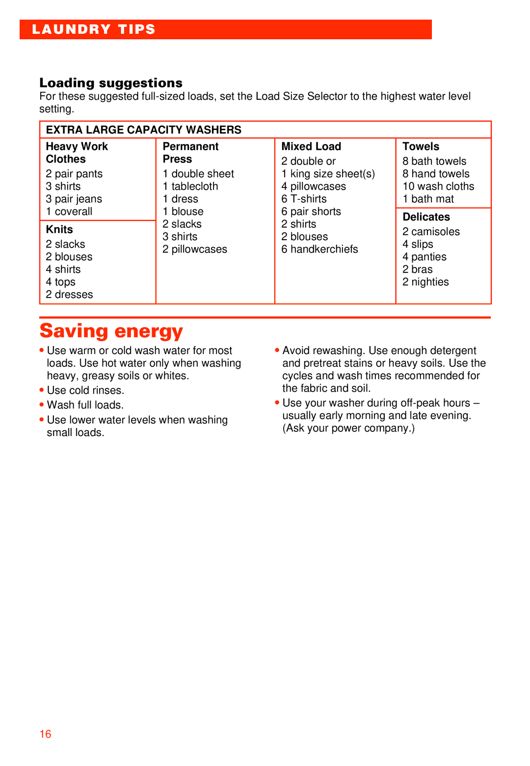 Whirlpool RAB3121EW0 warranty Saving energy, Laundry Tips, Loading suggestions, Extra Large Capacity Washers 