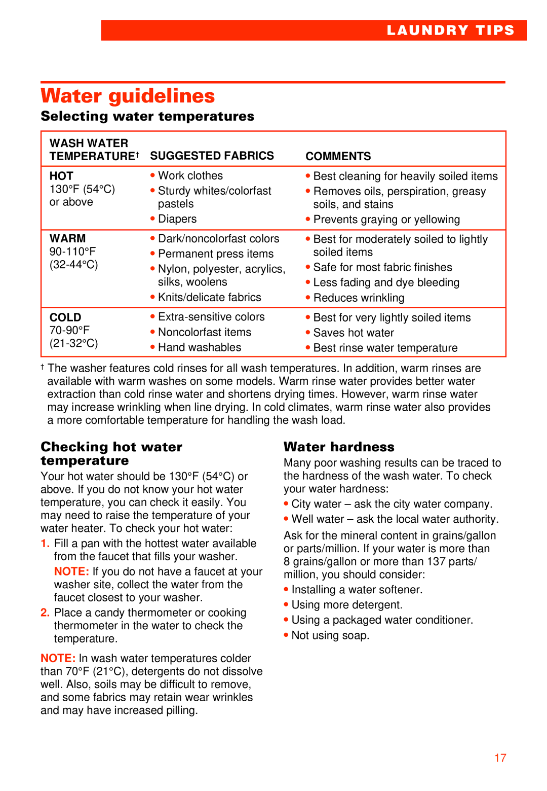 Whirlpool RAB3121EW0 Water guidelines, Selecting water temperatures, Checking hot water temperature, Water hardness 