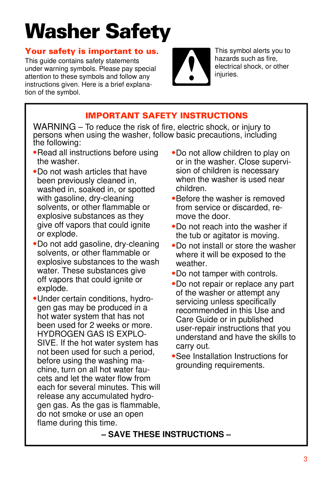 Whirlpool RAB3121EW0 warranty Washer Safety, Your safety is important to us 