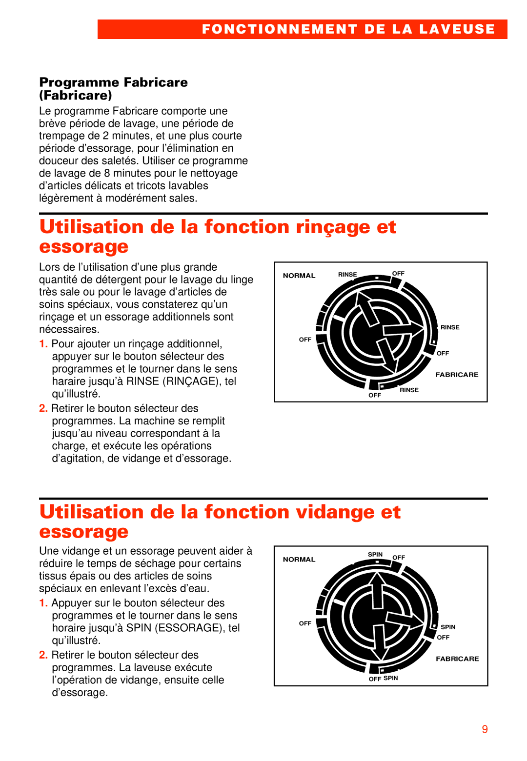 Whirlpool RAB3121EW0 Utilisation de la fonction rinçage et essorage, Utilisation de la fonction vidange et essorage 