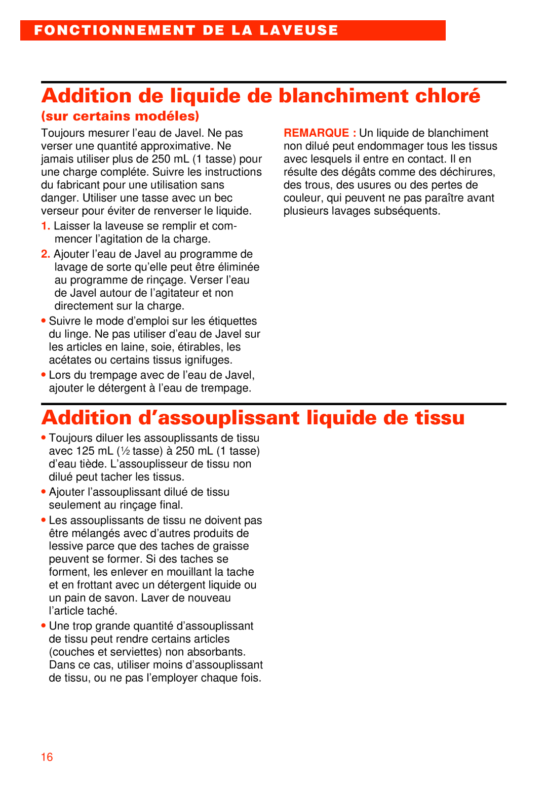 Whirlpool RAB3121EW0 warranty Addition d’assouplissant liquide de tissu 