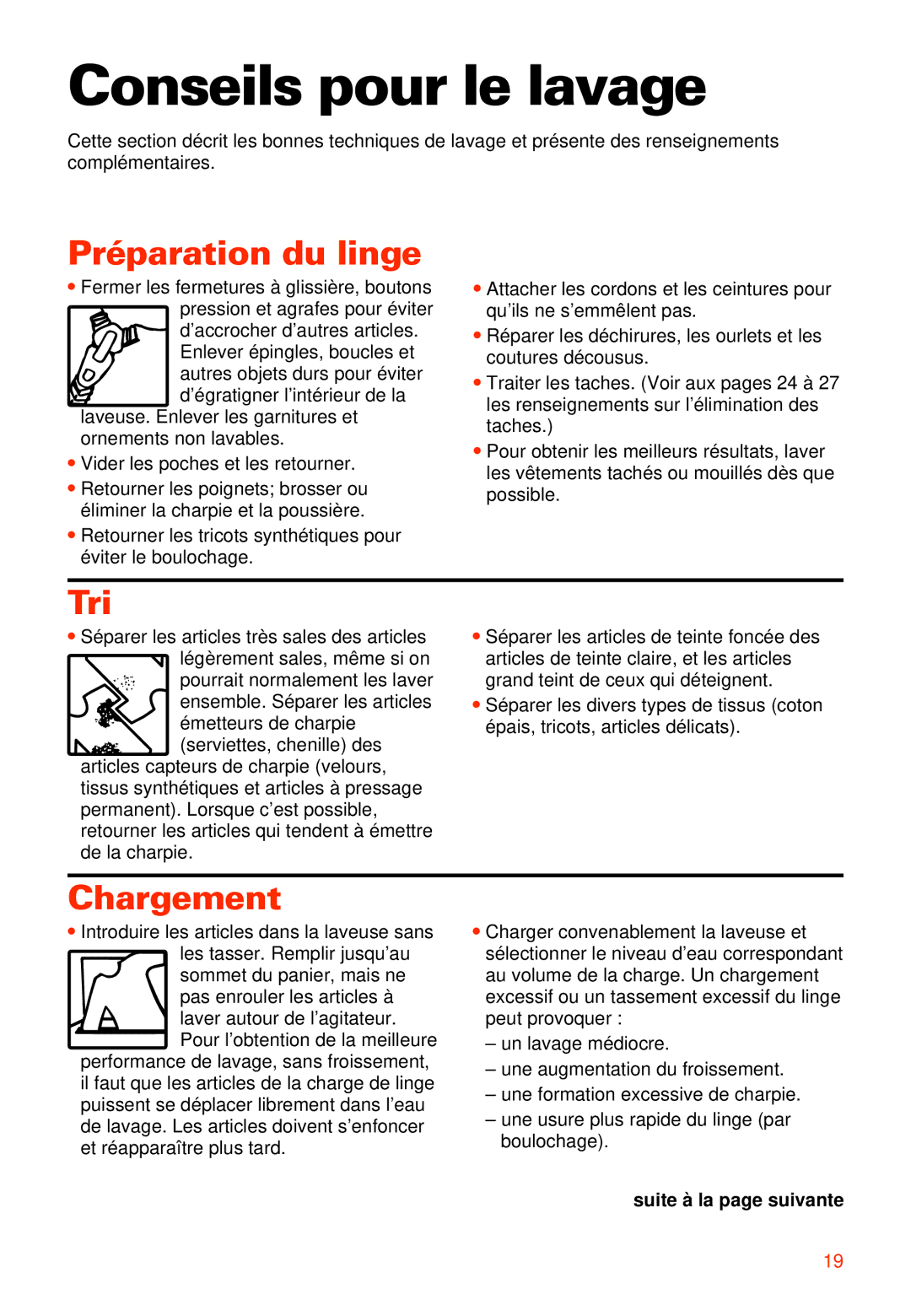 Whirlpool RAB3121EW0 warranty Conseils pour le lavage, Préparation du linge, Tri, Chargement 