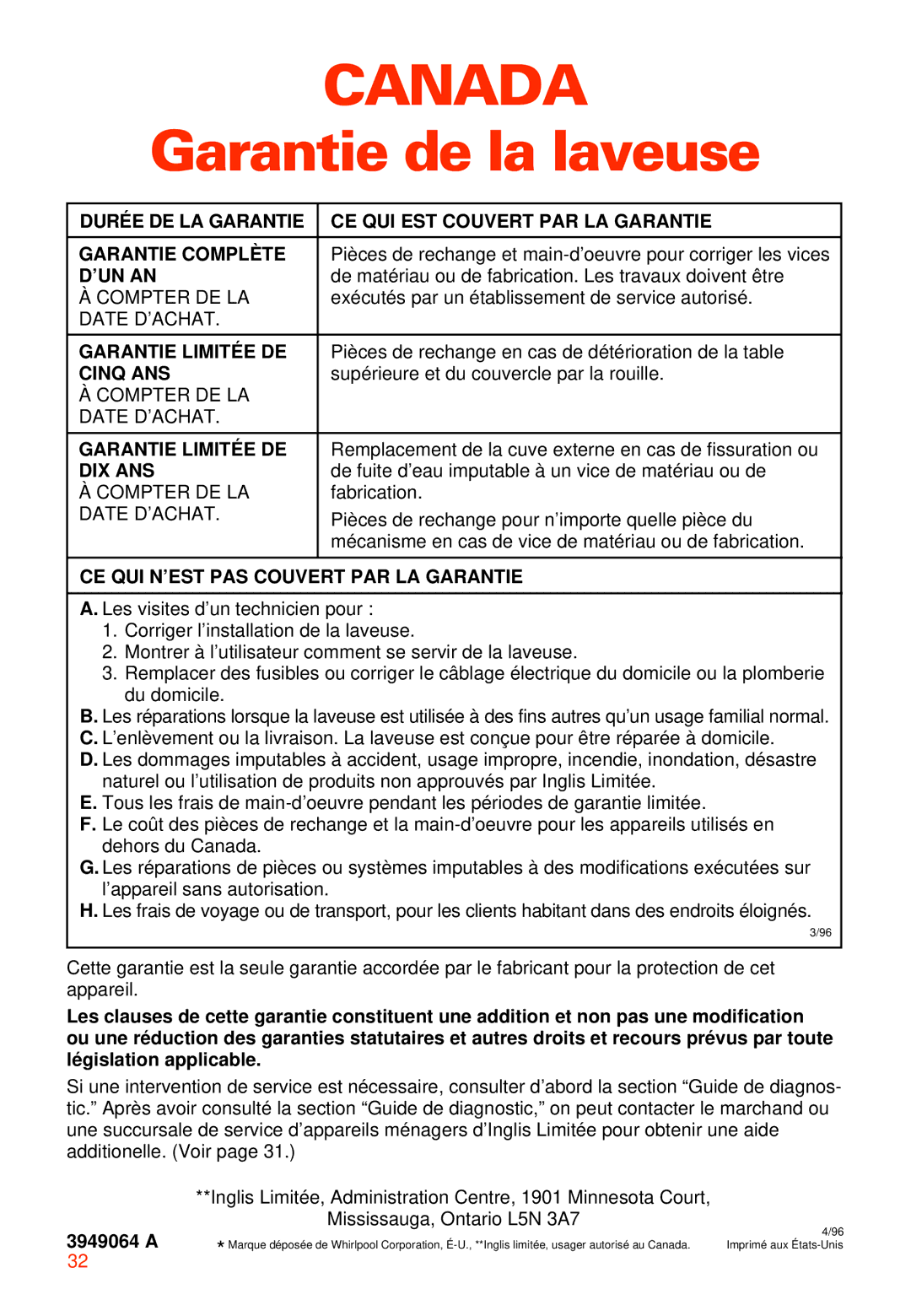 Whirlpool RAB3121EW0 warranty ’Un An, Garantie Limitée DE, Cinq ANS, Dix Ans, CE QUI N’EST PAS Couvert PAR LA Garantie 