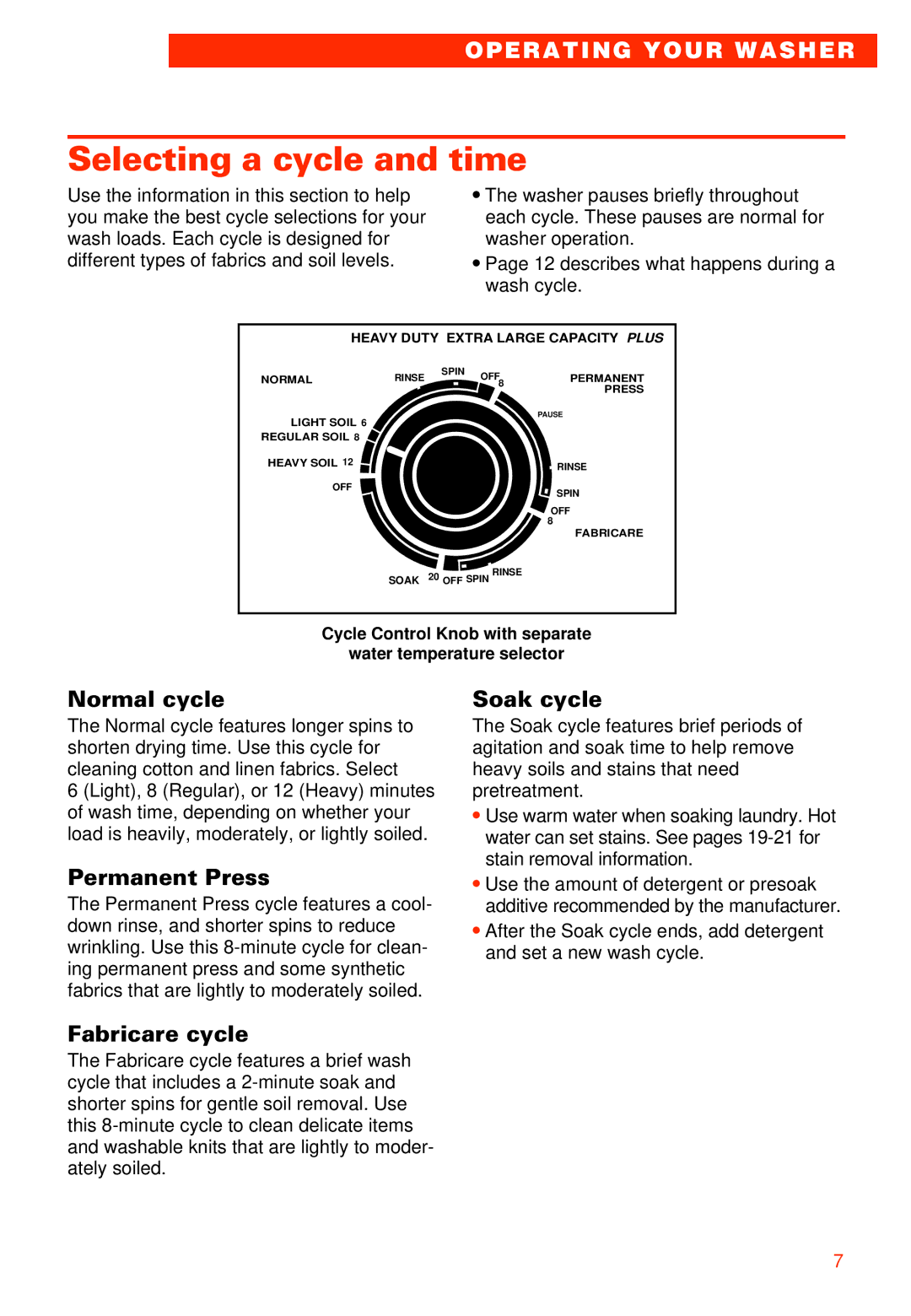 Whirlpool RAB3121EW0 warranty Selecting a cycle and time, Normal cycle, Permanent Press, Soak cycle, Fabricare cycle 