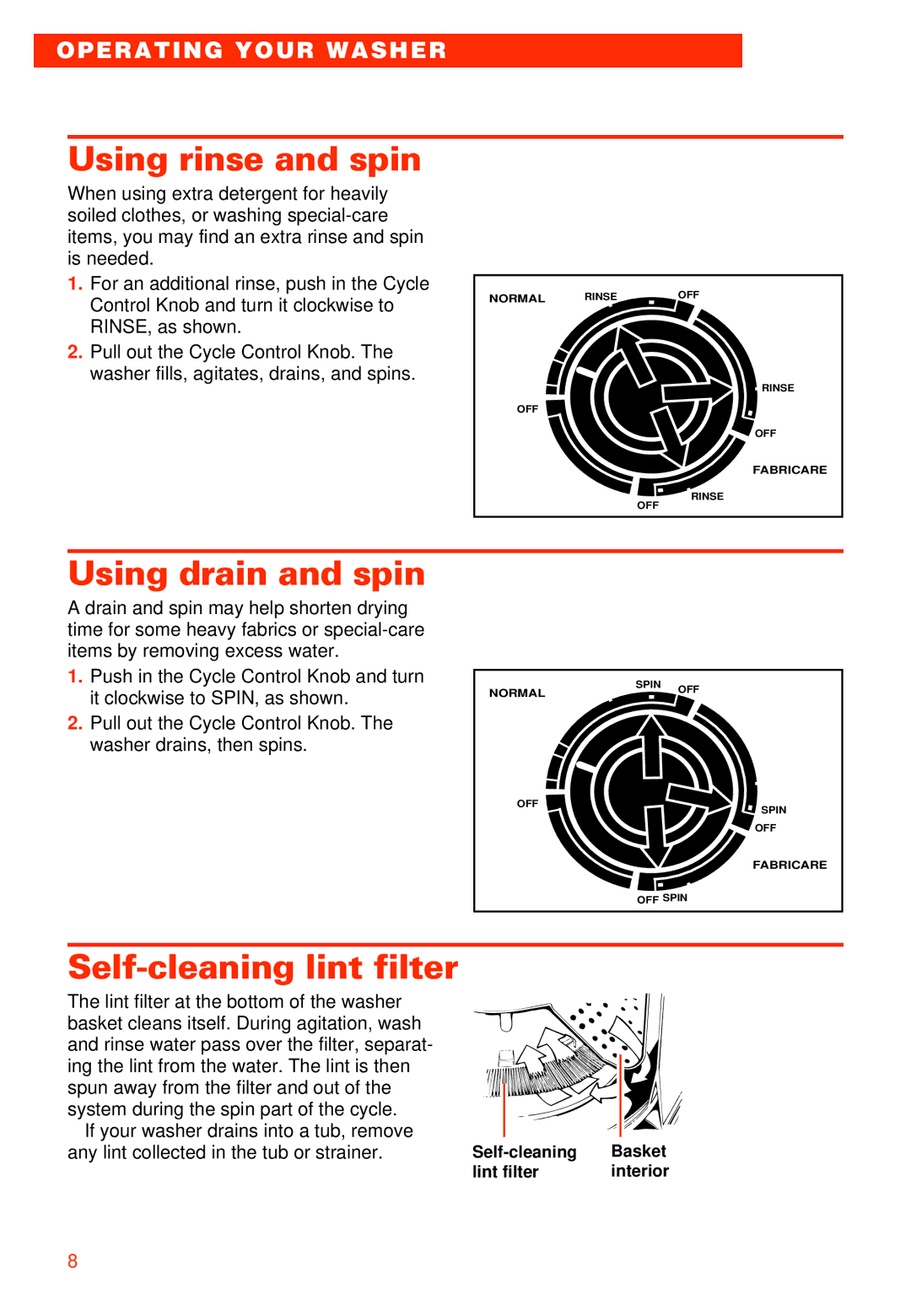 Whirlpool RAB3121EW0 warranty Using rinse and spin, Using drain and spin, Self-cleaning lint filter 