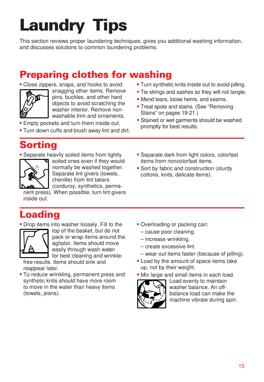 Whirlpool RAB3132EW0 warranty Laundry Tips, Preparing clothes for washing, Sorting, Loading 