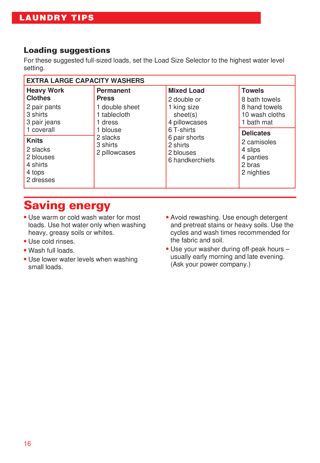 Whirlpool RAB3132EW0 warranty Saving energy, Loading suggestions, Extra Large Capacity Washers 