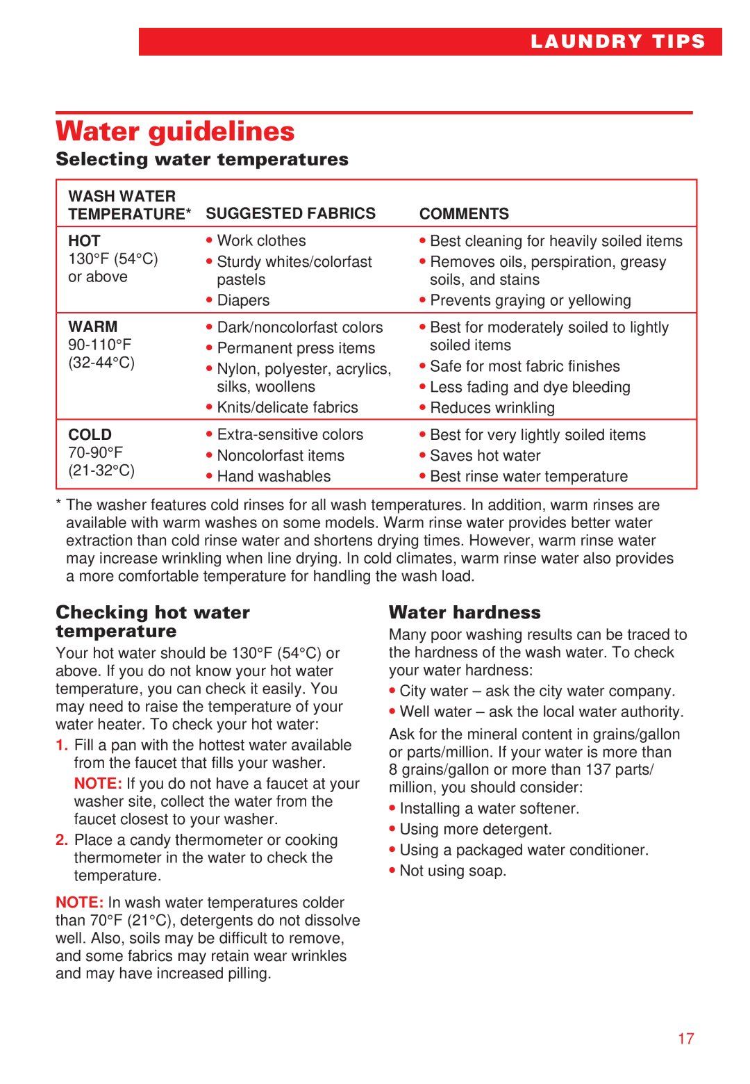 Whirlpool RAB3132EW0 Water guidelines, Selecting water temperatures, Checking hot water temperature, Water hardness 