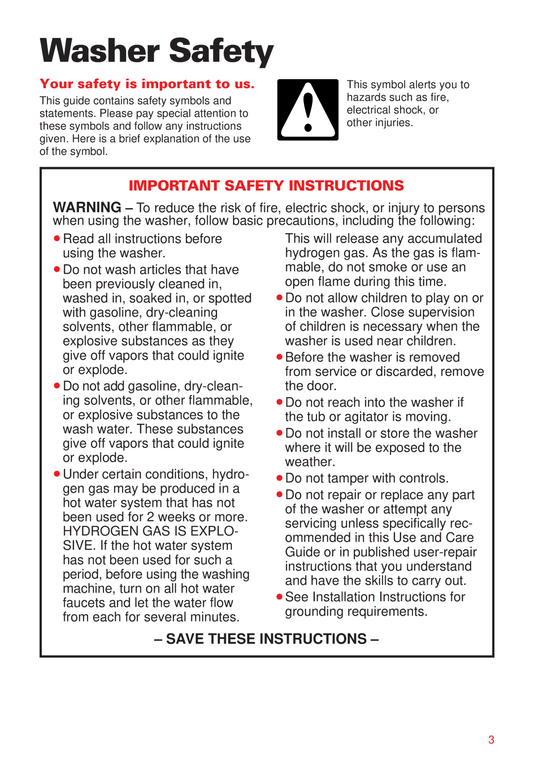 Whirlpool RAB3132EW0 warranty Washer Safety, Your safety is important to us 