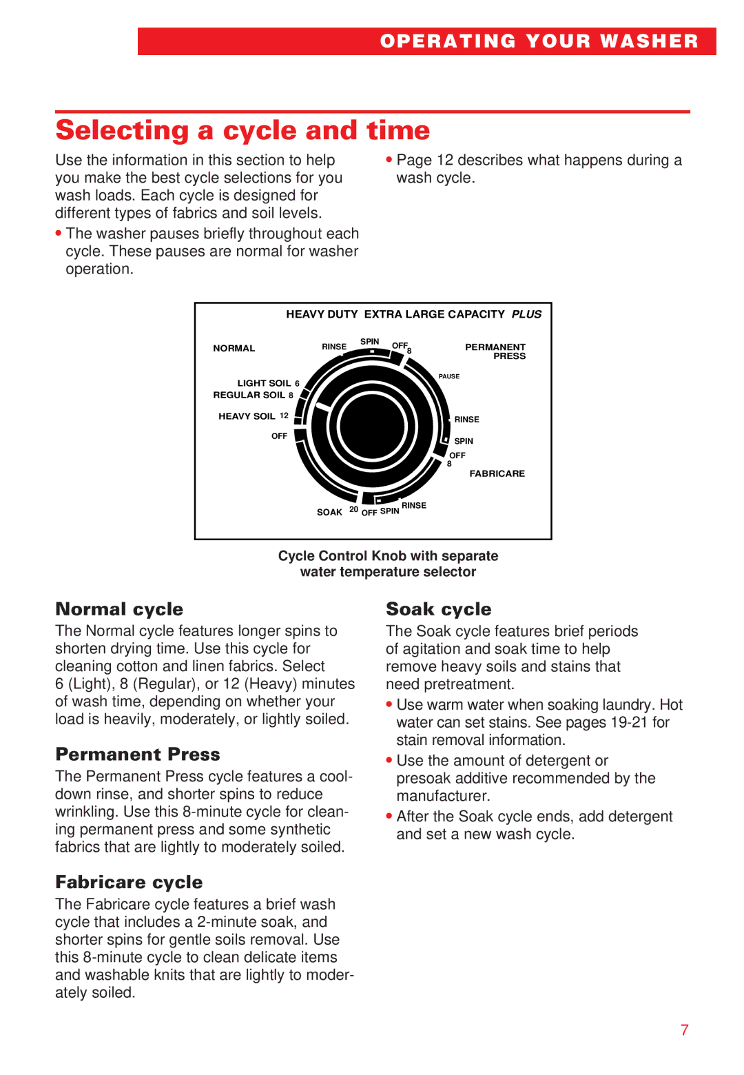 Whirlpool RAB3132EW0 warranty Selecting a cycle and time, Normal cycle, Permanent Press, Soak cycle, Fabricare cycle 