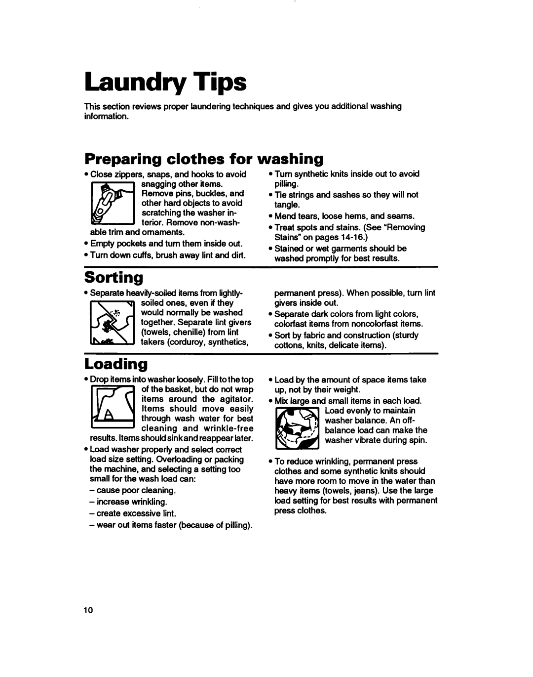 Whirlpool RAB4232DL0 warranty Laundry Tips, Preparing clothes for washing, Sorting, Loading 