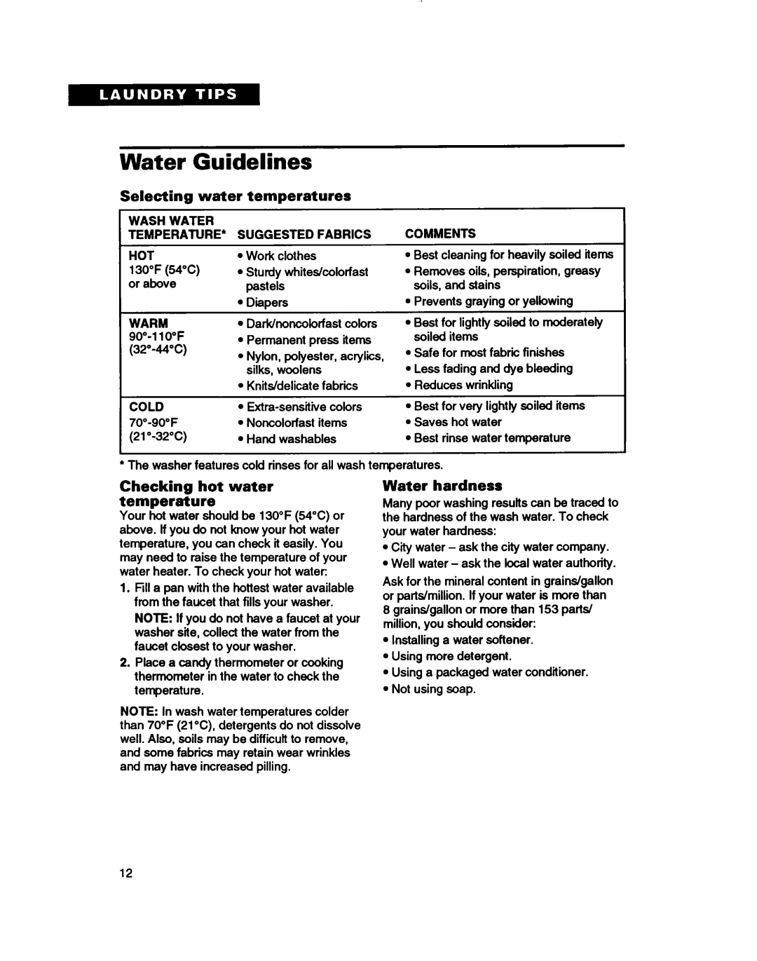 Whirlpool RAB4232DL0 Water Guidelines, Selecting Water Temperatures, Checking hot water temperature, Water hardness 