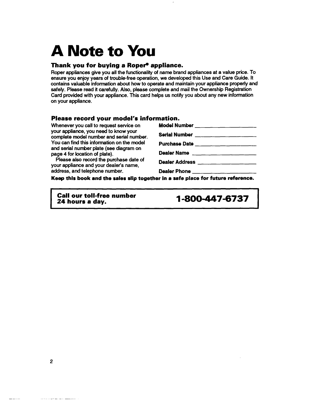 Whirlpool RAB4232DL0 warranty 800447-6737, Thank you for buying a Roper@ appliance, Please record your model’s information 