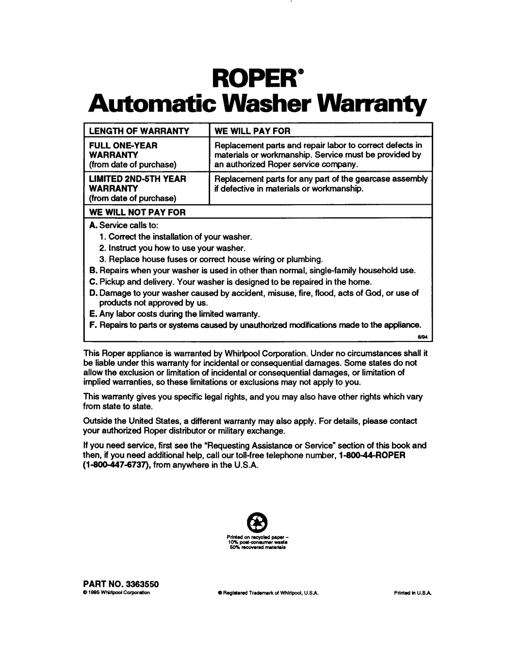 Whirlpool RAB4232DL0 warranty Automatic 