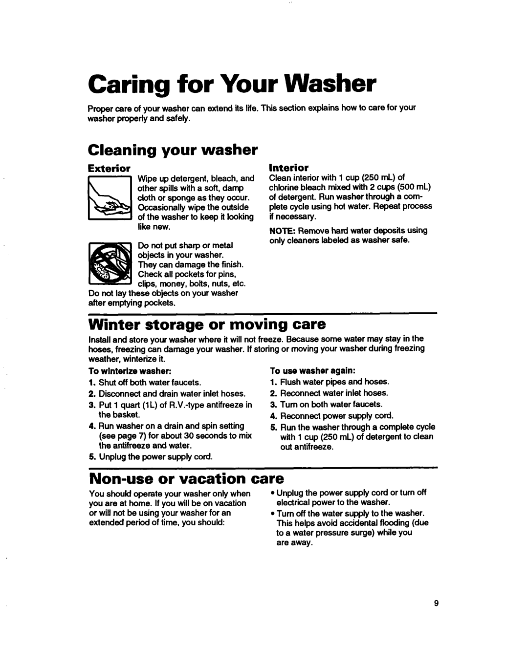 Whirlpool RAB4232DL0 Caring for Your Washer, Cleaning your washer, Winter storage or moving care, Non-use or vacation care 