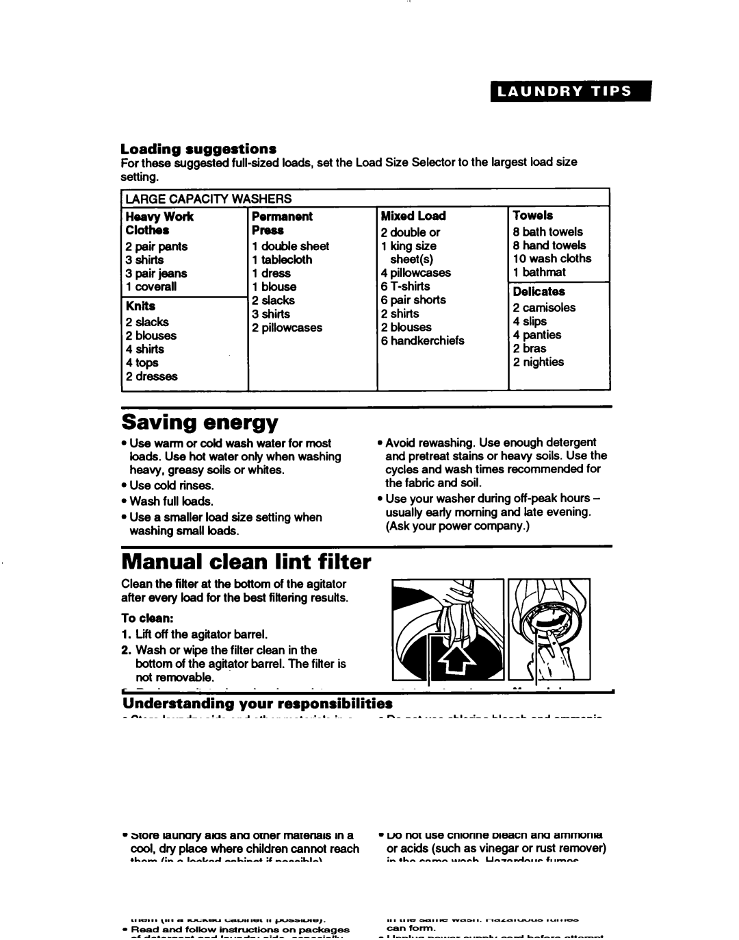Whirlpool RAB3132D, RABZl32D Saving energy, Manual clean lint filter, Loading suggestions, Large Capacity Washers, Pibss 
