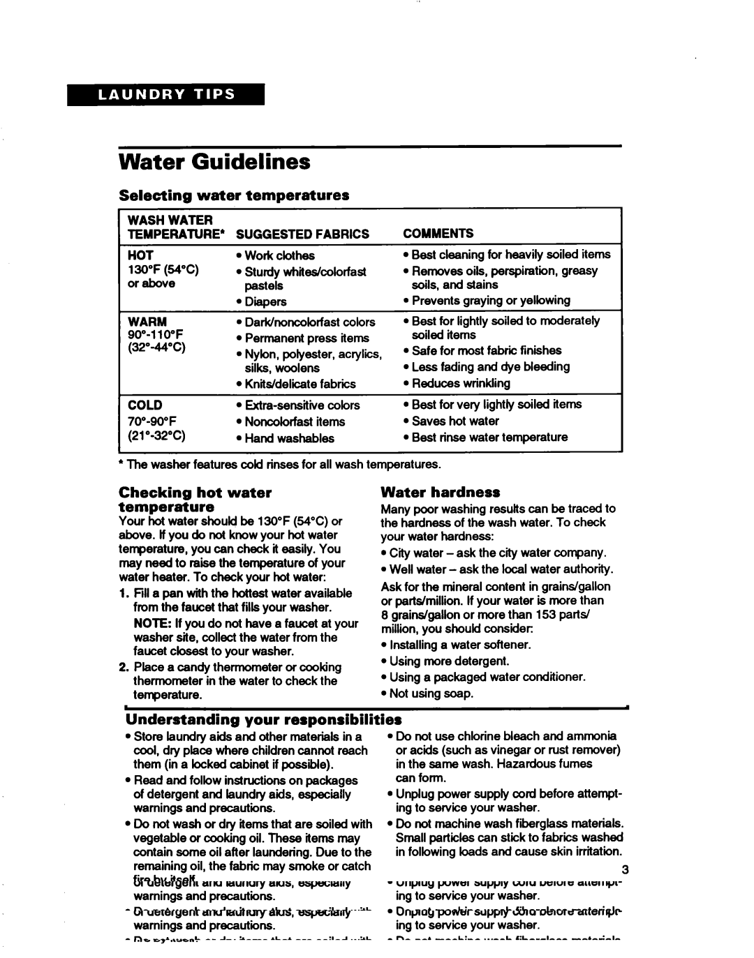 Whirlpool RABZl32D warranty Water Guidelines, Selecting water temperatures, Checking hot water temperature, Water hardness 