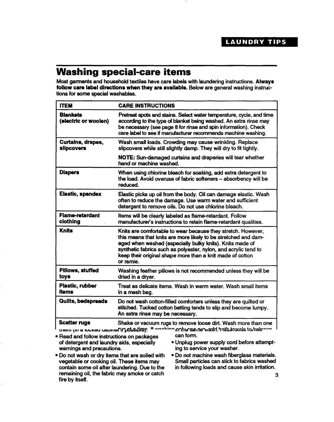 Whirlpool RAB3132D, RABZl32D warranty Washing special-care items, Care Instructions 