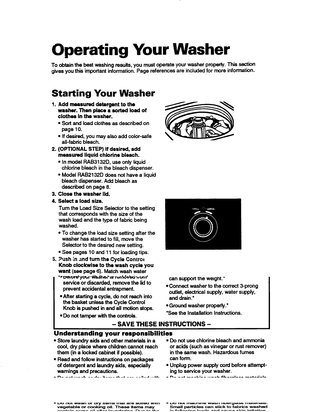 Whirlpool RAB3132D, RABZl32D warranty Operating Your Washer, Starting Your Washer, Stopping/Restarting Your Washer 