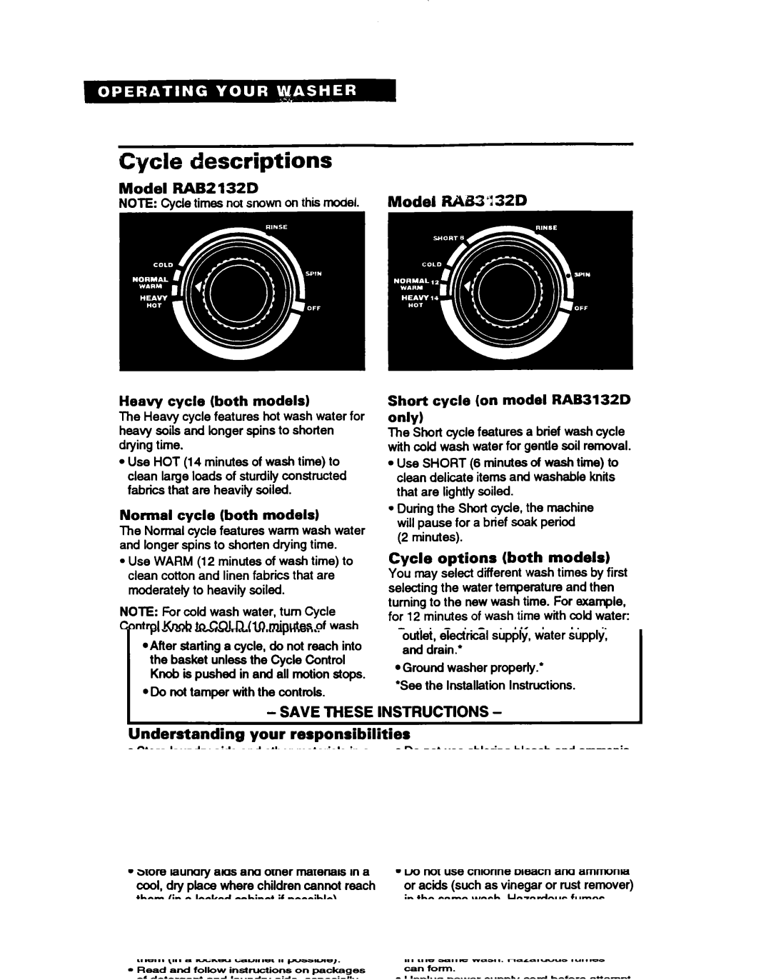 Whirlpool RAB3132D Descriptions, Model RABZl32D Model RAE3 Y32D Heavy cycle both models, Normal cycle both models 