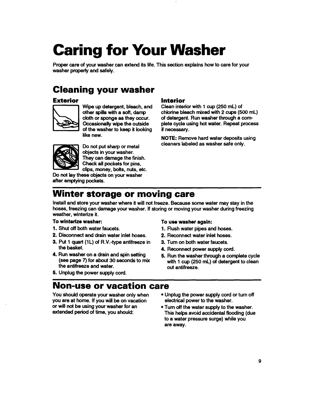 Whirlpool RAB3132D Caring for Your Washer, Cleaning your washer, Winter storage or moving care, Non-use or vacation care 