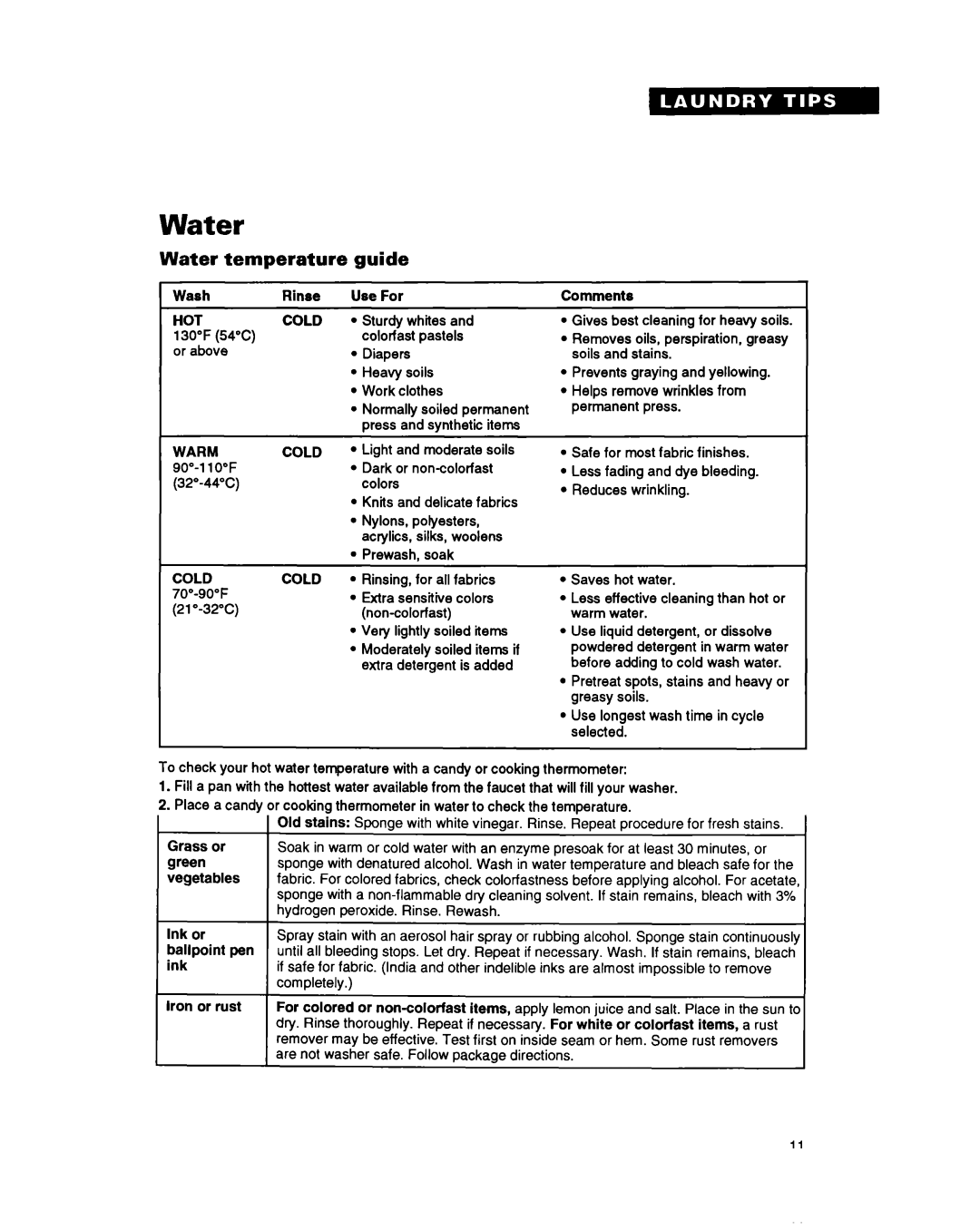 Whirlpool RAC4244A warranty Water temperature, Water hardness, Light and moderate soils, Knits and delicate fabrics 