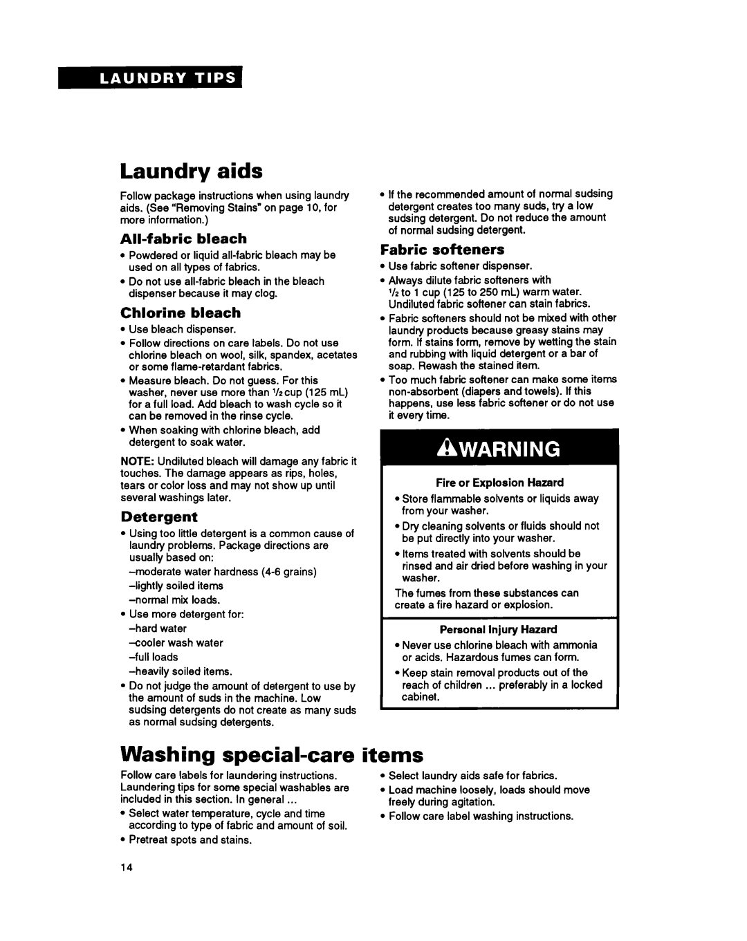 Whirlpool RAC4244A warranty Laundry aids, Washing special-care, Items 