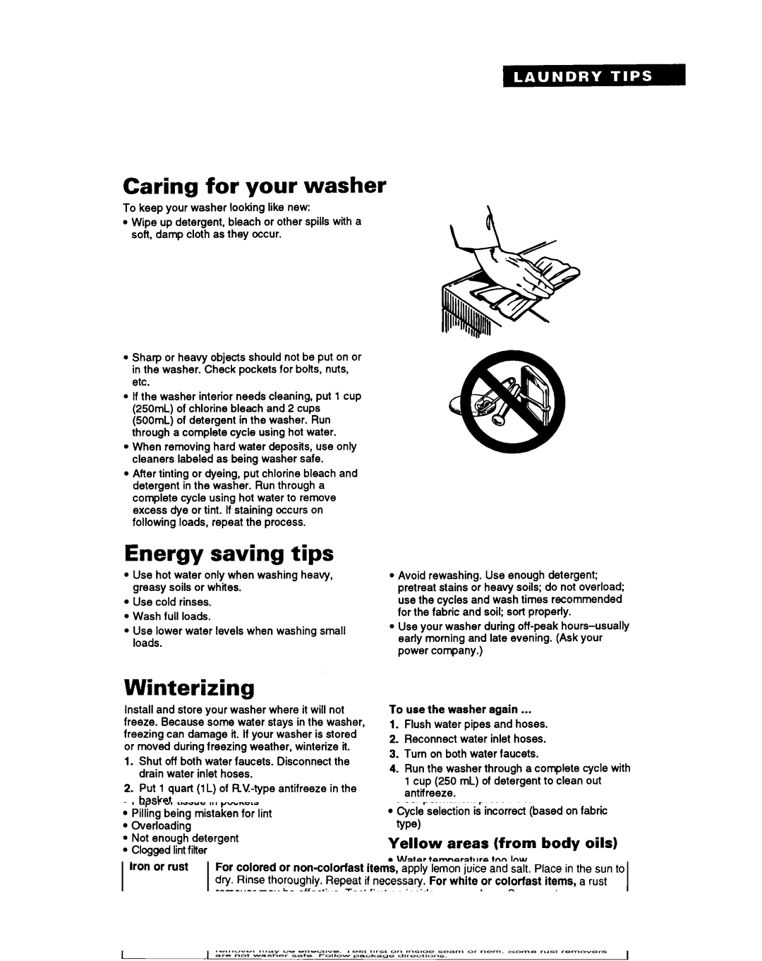 Whirlpool RAC4244A warranty Caring for your washer, Energy saving tips, Winterizing 