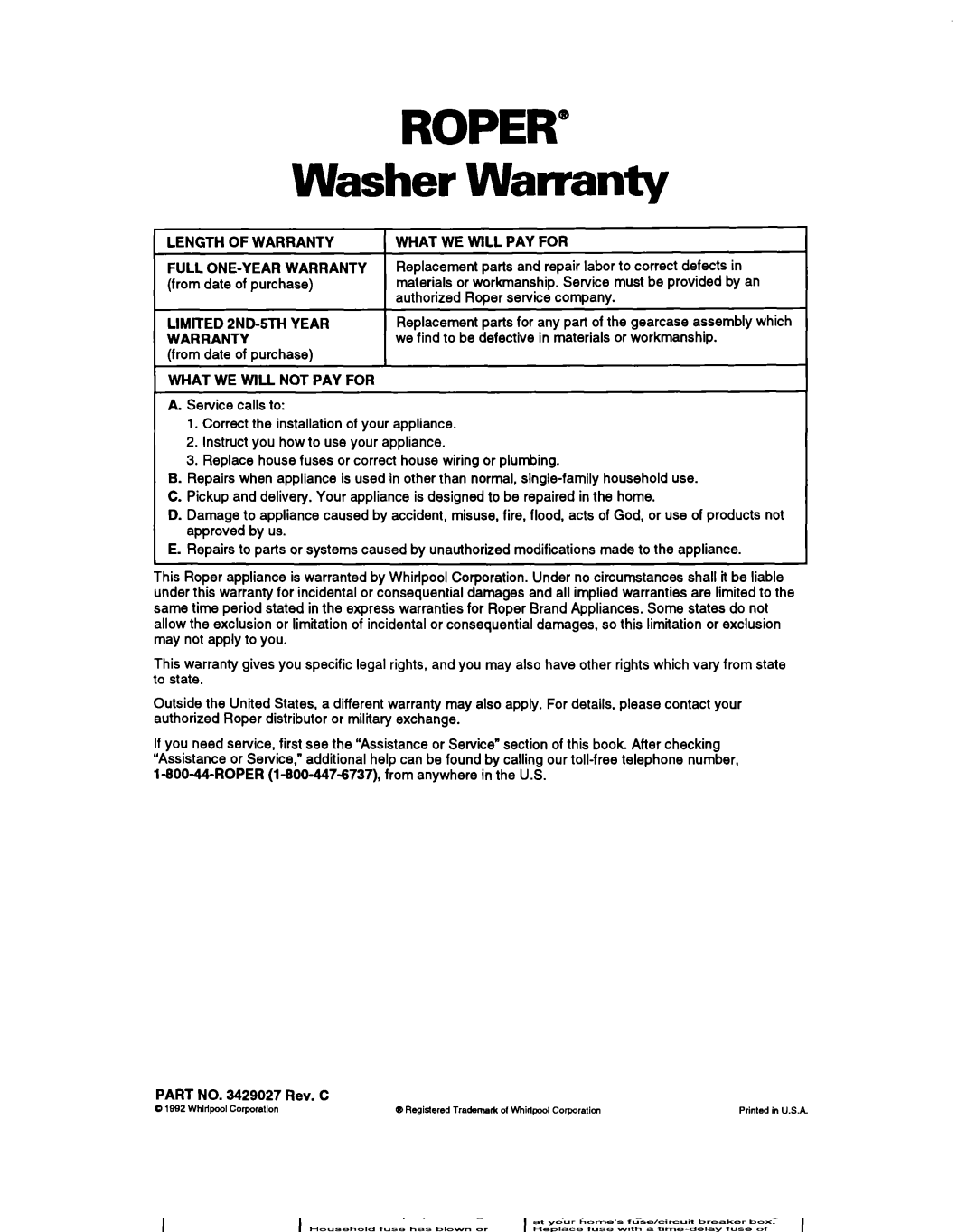 Whirlpool RAC4244A warranty Washer Warranty 