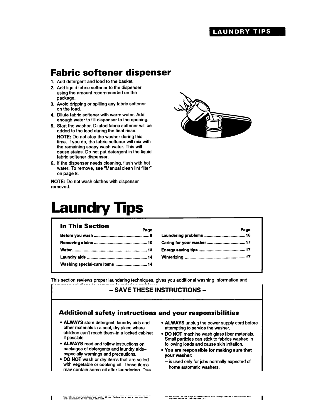 Whirlpool RAC4244A warranty Laundry, Fabric softener dispenser, Before you wash, Preparing clothes for washing 