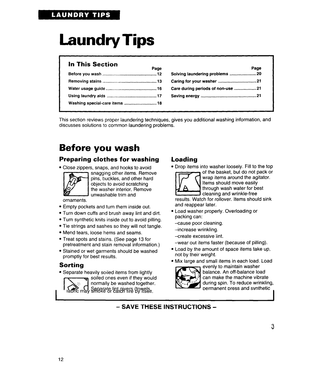 Whirlpool RAL5144BG0 warranty Laundry Tips, Before you wash 