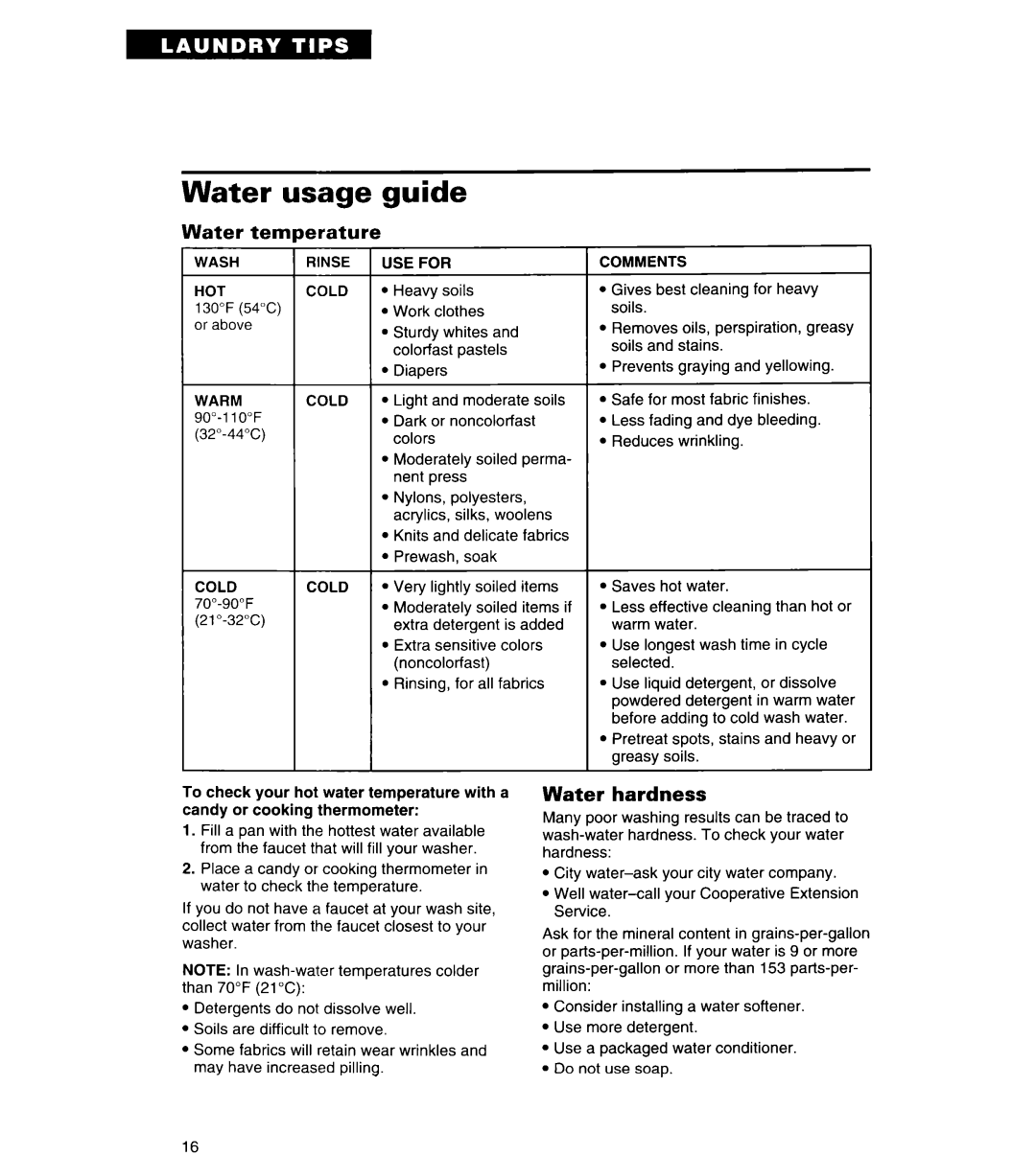 Whirlpool RAL5144BG0 warranty Usage, Temperature, Water Hardness 