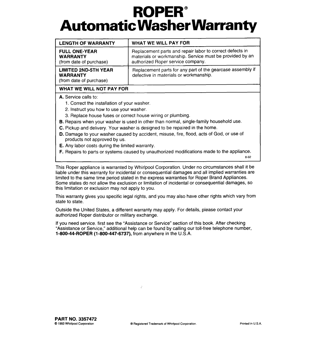 Whirlpool RAL5144BG0 warranty Automatic, Warranty 