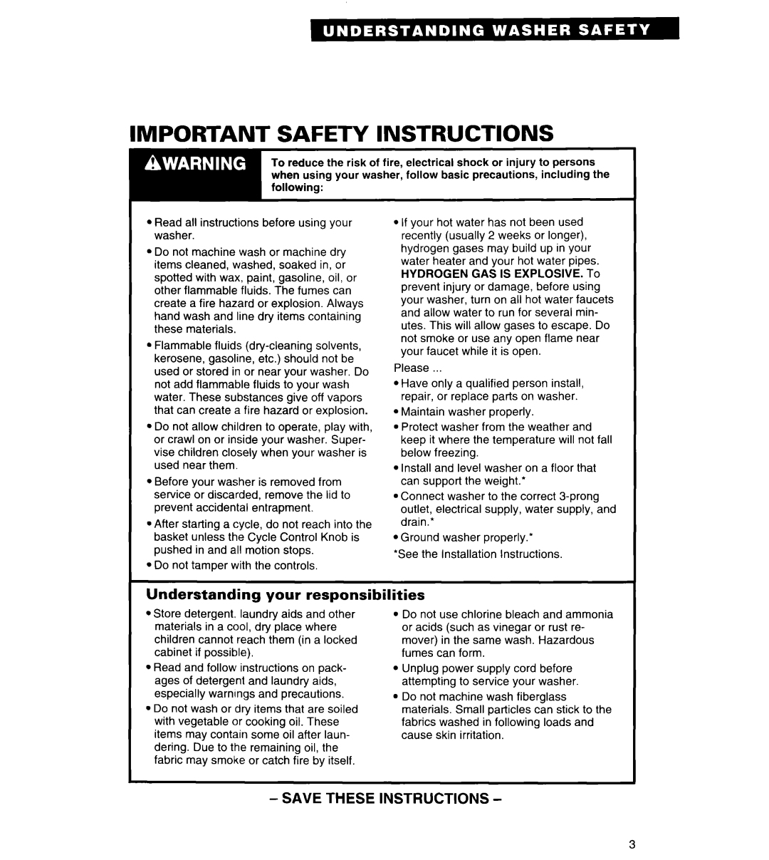 Whirlpool RAL5144BG0 warranty Important Safety Instructions, Understanding your responsibilities 