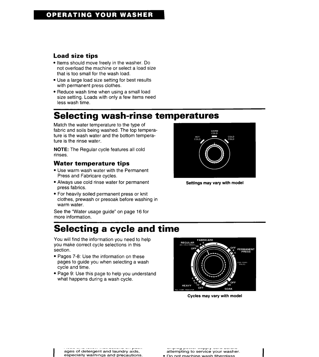 Whirlpool RAL5144BG0 Selecting wash-rinse temperatures, Selecting a cycle and time, Load size tips, Water temperature tips 