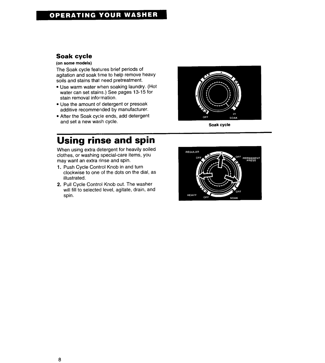 Whirlpool RAL5144BG0 warranty Using rinse and spin, Soak cycle 